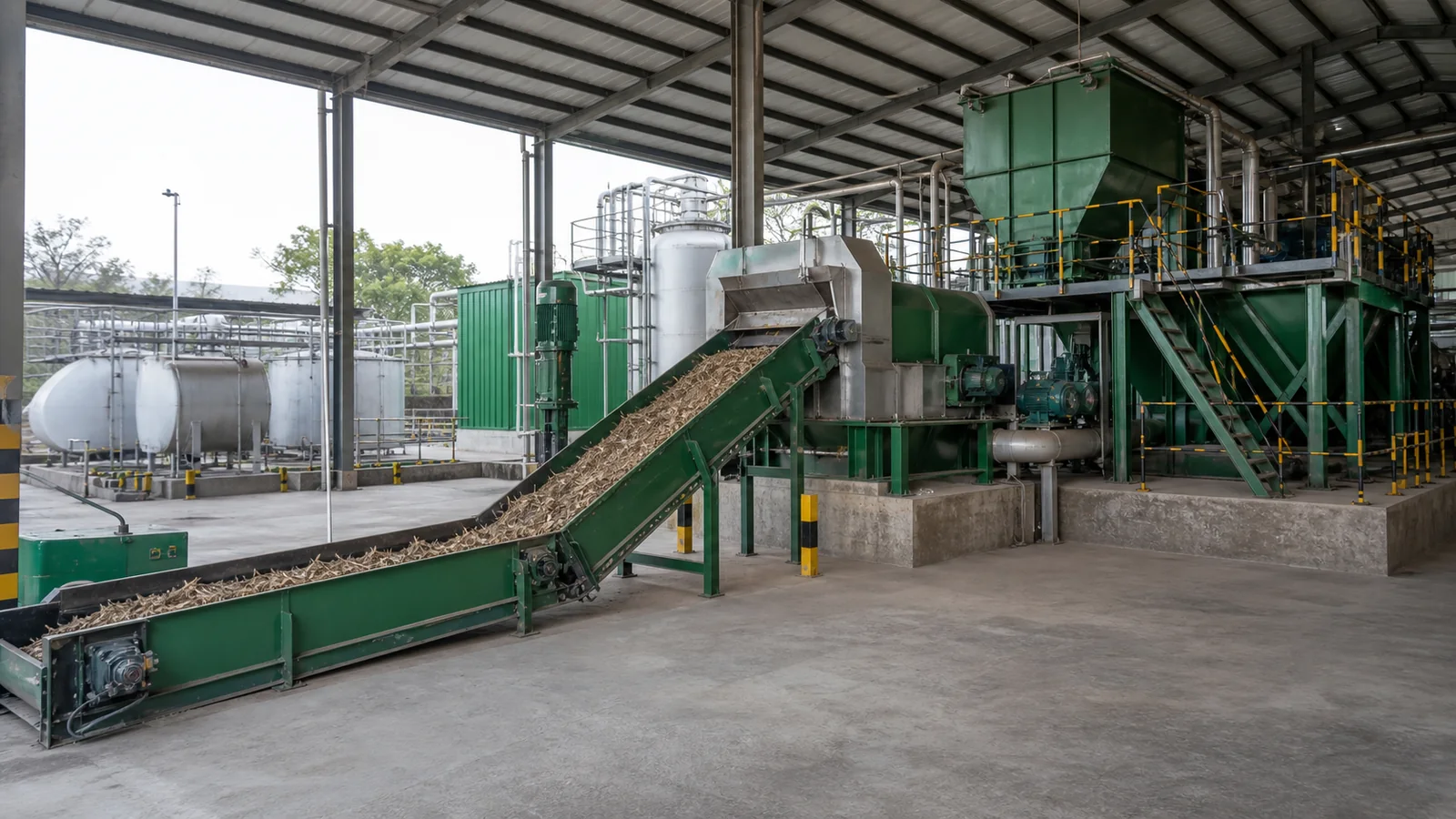 Covered preparation line conditioning agricultural residue before digestion