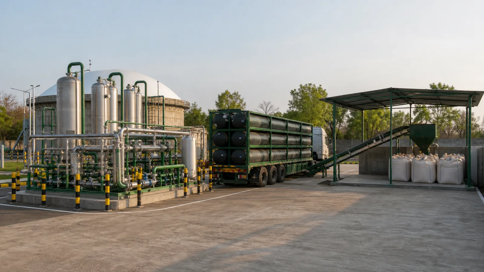 Finished Bio-CNG compression and dispatch area with an organic manure bay