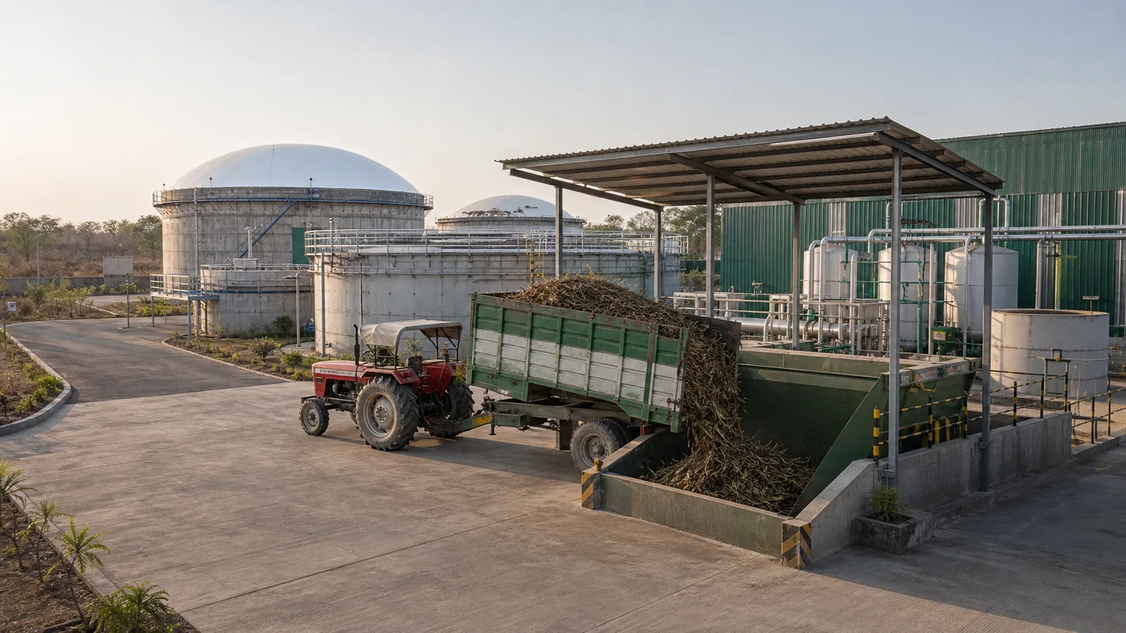 Agricultural residue arriving at the finished Bio-CNG plant receiving bay